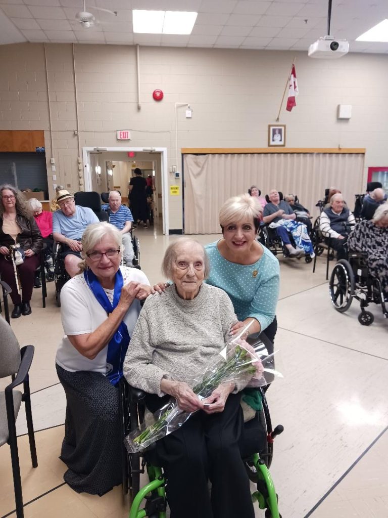 The Star of the Sea Parish Council in St. Catharines, Ontario was very proud to present the 75 year pin to Phyllis Carter.  Pictured with Phyllis is the parish council president, Connie Tracey and National 1st Vice President and Communications Chair, Betty Colaneri.  Several CWL members attended Mass at the nursing home to witness and congratulate Phyllis on this awesome achievement.